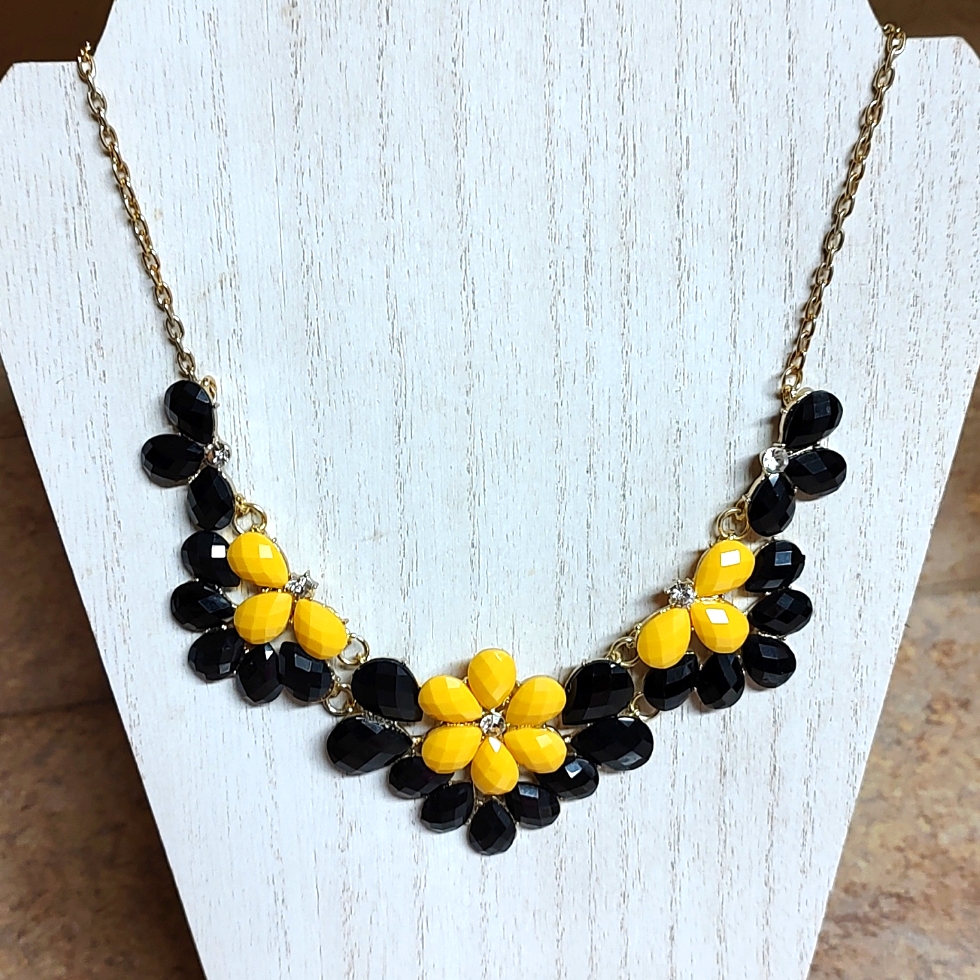 2 For $16 Black & Golden Yellow Lucite Gemstone Bib Statement Necklace